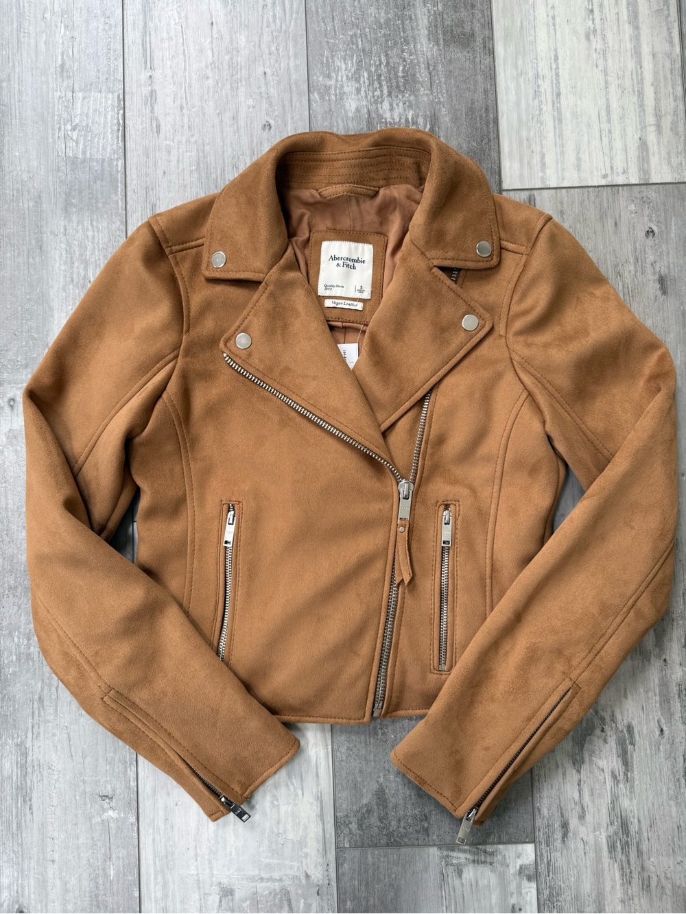 NWT Abercrombie & Fitch Faux Suede Moto Jacket Camel Vegan Leather Size Small - Picture 1 of 14